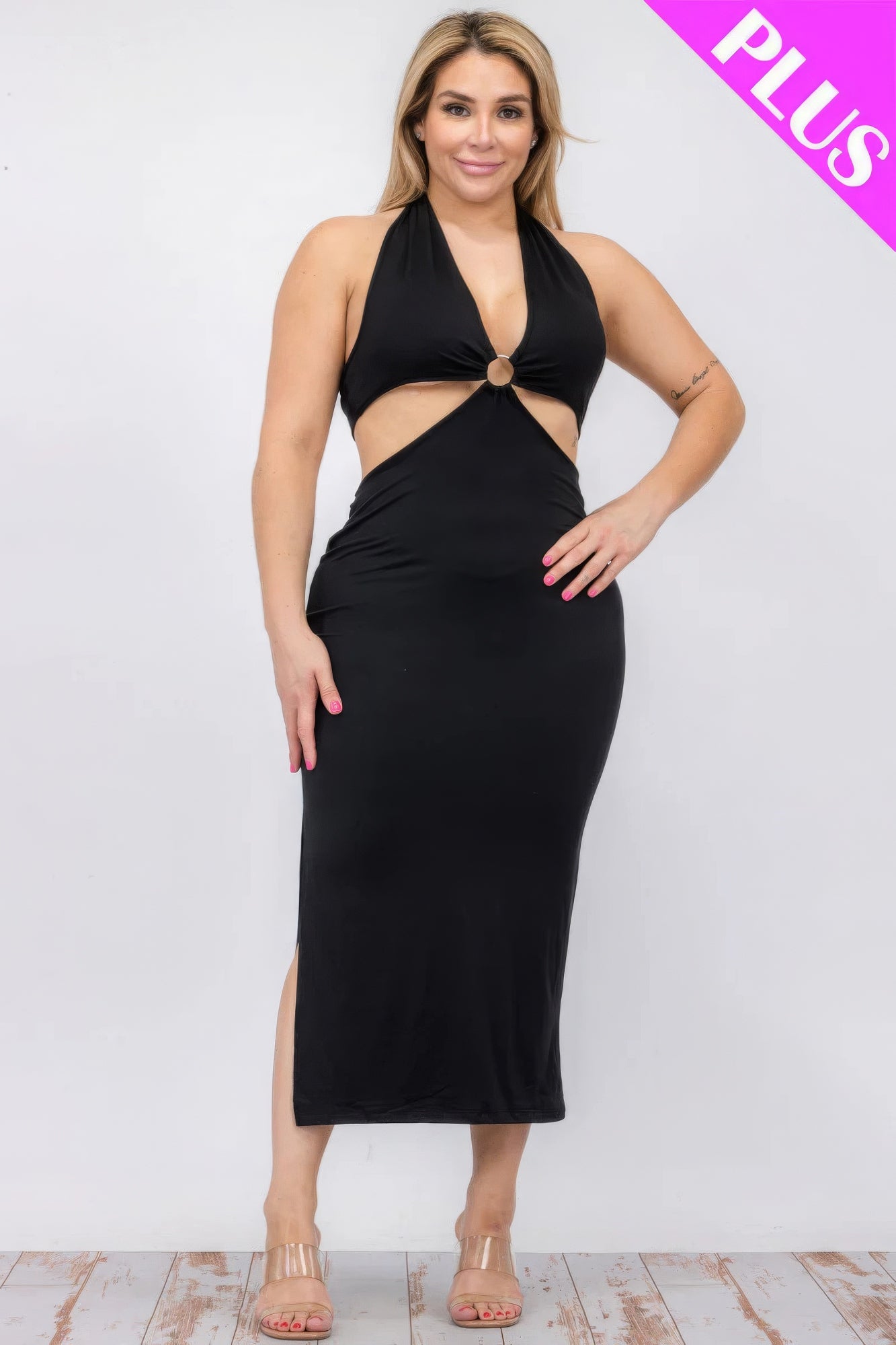 Plus Size Cut-out Halter Neck Double Back Tie Split Thigh Midi Dress