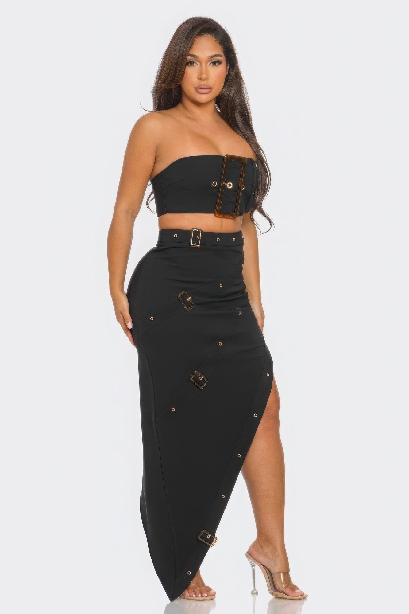 Front Eyelet Buckle Belt Top And Skirt Set